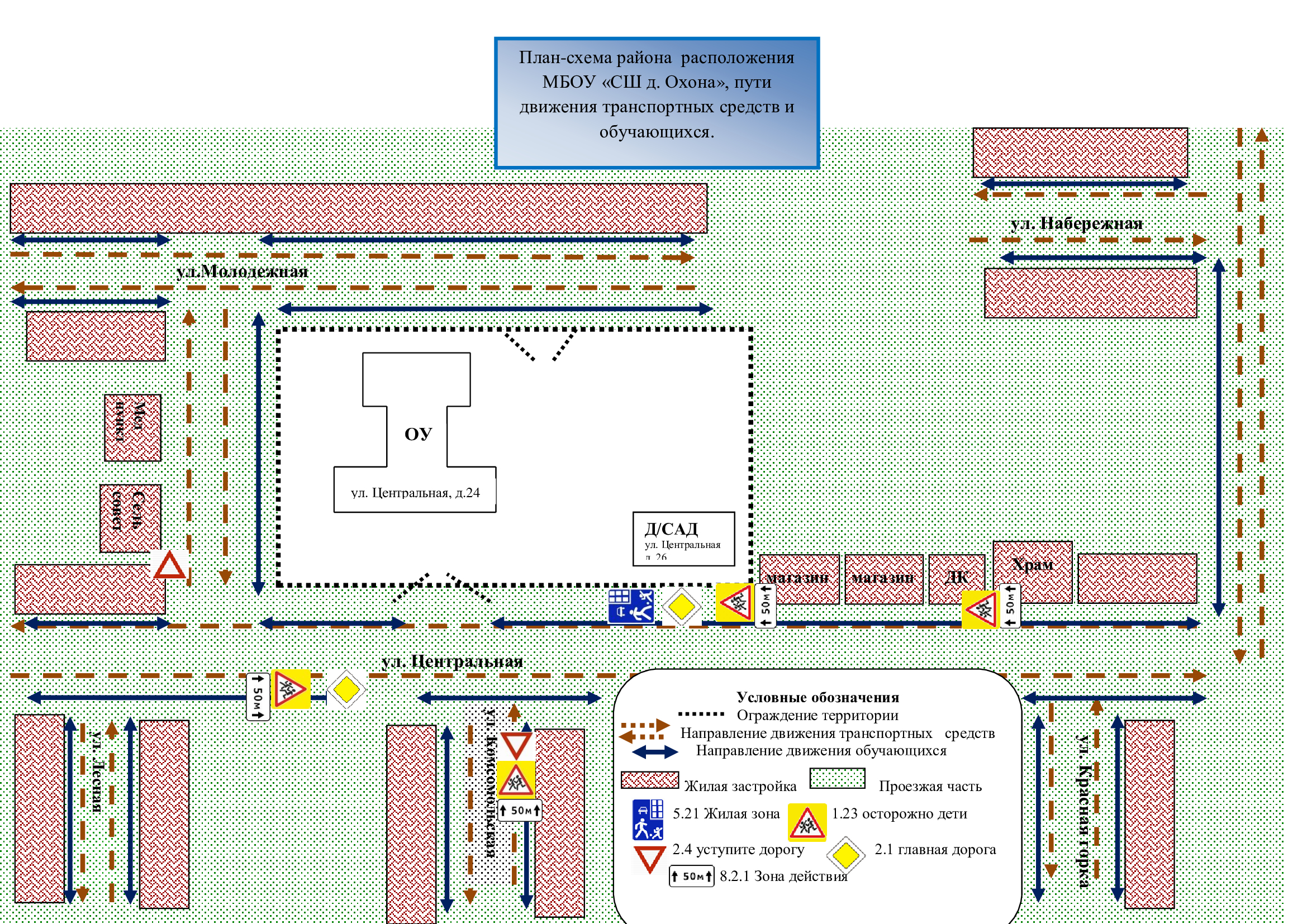 План-схема района  расположения МБОУ «СШ д. Охона», пути движения транспортных средств и обучающихся.